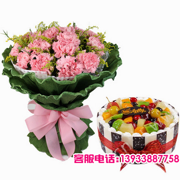 19朵粉色康乃馨,黄莺丰满+8寸水果蛋糕

