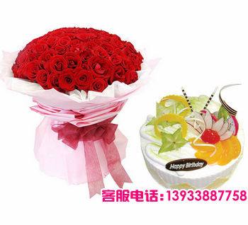 四川省乐山市鲜花蛋糕店-商品描述：99枝精品红玫瑰+8寸圆形鲜奶水果蛋糕，时令水果。
