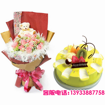 四川省乐山市鲜花蛋糕店-商品描述：19枝粉玫瑰，蕾丝丰满，白色羽毛衬托，可爱小熊一只；8寸圆形鲜奶水果蛋糕，时令水果装饰