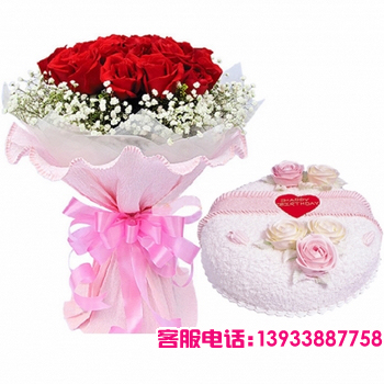 11朵红玫瑰，满天星点缀；+8寸圆形鲜奶蛋糕，奶油花点缀