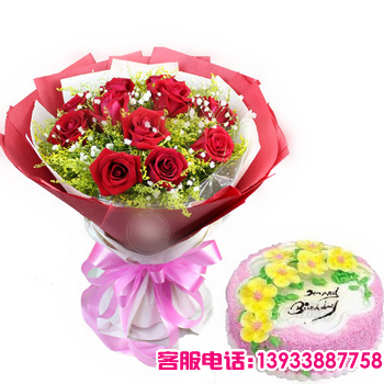 11朵红玫瑰，满天星，黄莺丰满+8寸鲜奶蛋糕