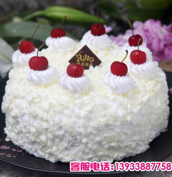 四川省乐山市鲜花蛋糕店-商品描述：圆形巧克力蛋糕，白色巧克力屑铺面，时令樱桃水果点缀。