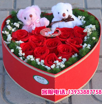四川省乐山市鲜花蛋糕店-商品描述：11支红玫瑰，+2只可爱小熊点缀满天星配草。(小熊因生产批次不同会和图片有差别，以实物为准，请尽量提前2-3天预订）