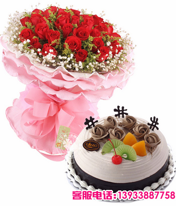 33朵昆明红色玫瑰，黄莺，满天星搭配。+8寸水果蛋糕。奶油玫瑰花，时令水果点缀。