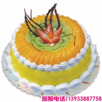 圆形双层鲜奶水果蛋糕，黄色果酱，上层时令水果铺满。注意以下价格尺寸：8寸=（8寸+12寸）的价格、10寸=（10寸+14寸）的价格、12寸=（12寸+16寸）的价格、14寸=（14寸+18寸）的价格。