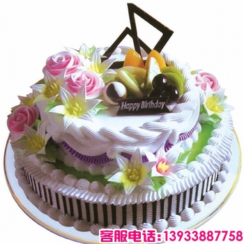 双层圆形水果蛋糕，上层奶油花，时令水果，巧克力插片装饰。下层果浆奶油花，外围巧克力酱条形描边。注意以下价格尺寸：8寸=（8寸+12寸）的价格、10寸=（10寸+14寸）的价格、12寸=（12寸+16寸）的价格、14寸=（14寸+18寸）的价格。