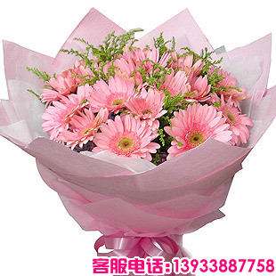 25枝粉色太阳花（即扶郎）,适量绿叶。