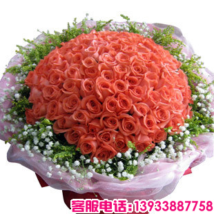 粉玫瑰100枝，满天星环绕。
