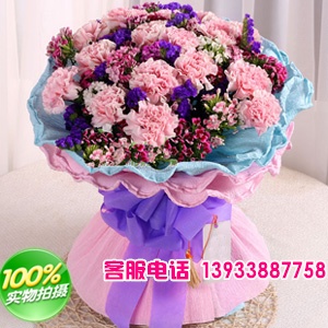 粉色康乃馨20支，石竹梅丰满、勿忘我点缀。