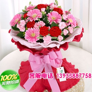 红色康乃馨10支、粉红色太阳花8支，多头康乃馨、绿叶丰满。