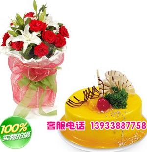 四川省乐山市鲜花蛋糕店-商品描述：鲜花蛋糕组合，红色玫瑰11朵+多头白色百合2枝+配草+8寸圆形水果蛋糕

