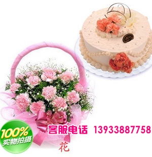 19朵粉色康乃馨，满天星配草丰满+8寸鲜奶蛋糕