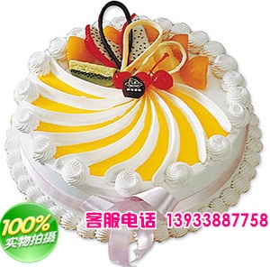 四川省乐山市鲜花蛋糕店-商品描述：圆形鲜奶水果蛋糕，绿色果浆，时令水果装饰