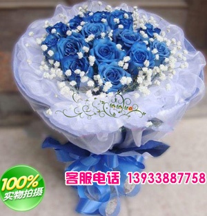 蓝玫瑰19支,满天星丰满。(由于季节关系，不是随时都有蓝玫瑰，请客户在订购此花前与我们联系,蓝玫瑰非天然）