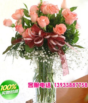 18枝昆明精品粉色玫瑰.绿叶.满天星围边