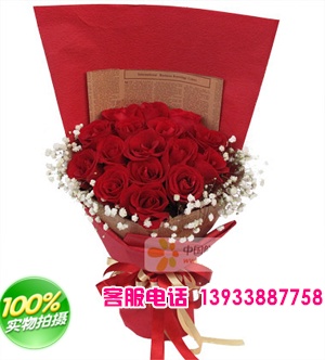 19枝红玫瑰，满天星围绕一圈。