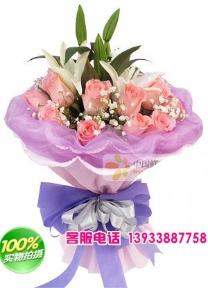 四川省乐山市鲜花蛋糕店-商品描述：11枝粉玫瑰，1枝白香水百合，满天星适量搭配。